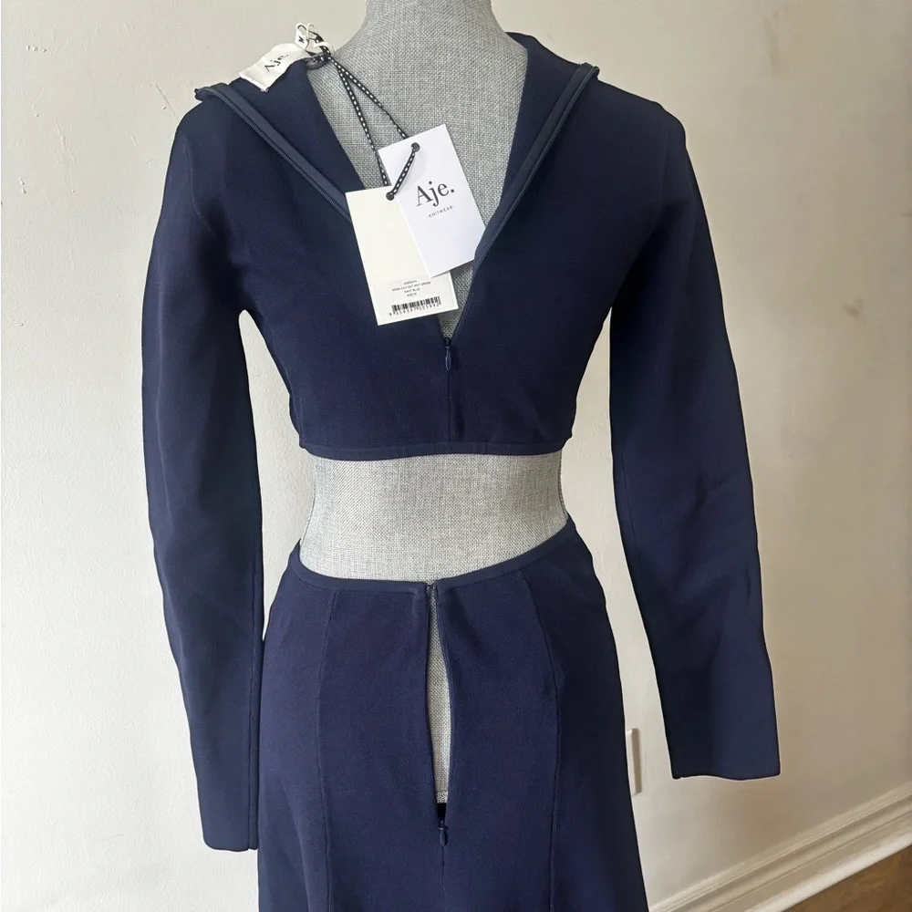 Aje Anika Cut-Out Stretchy Knit Navy Blue  Long Sleeve Dress - Picture 7 of 7